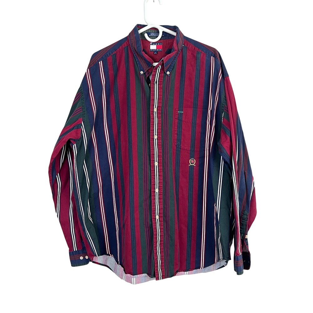 Tommy Hilfiger Shirt Mens XL Striped Long Sleeve Red Blue Vintage Heritage